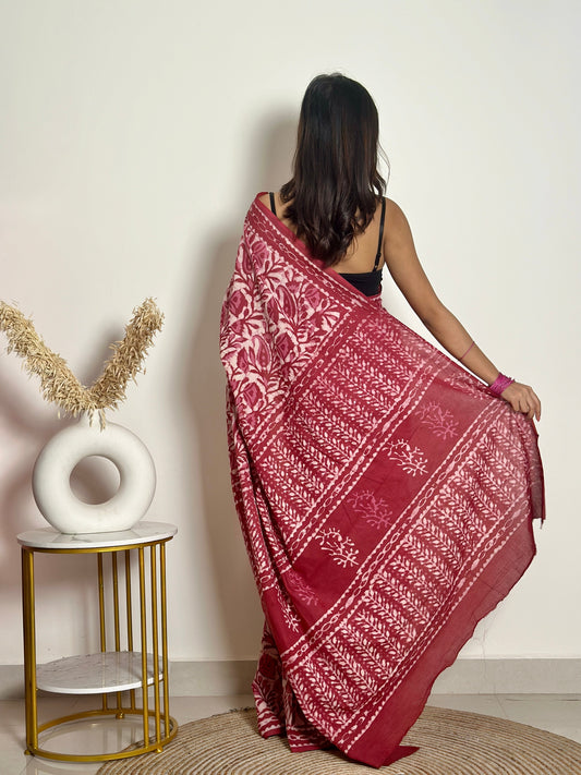 Bougainvillea - Red Cotton Mulmul - Handblock Dabu Saree