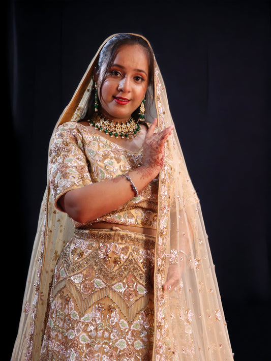 Golden Raw Silk Hand Embroidered Crystal Zircon Bridal Lehenga