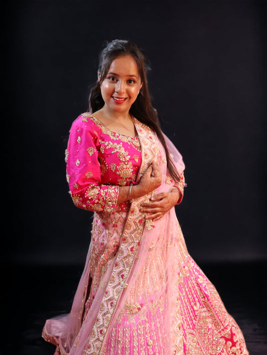 Pink Raw Silk Hand Embroidered Ombre Bridal Lehenga