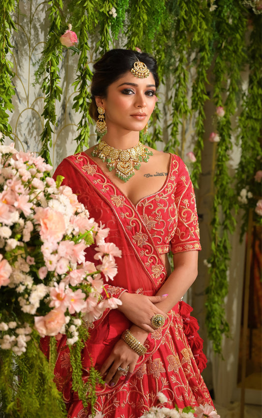 Parakeet Garden Bridal Lehenga Set- Red