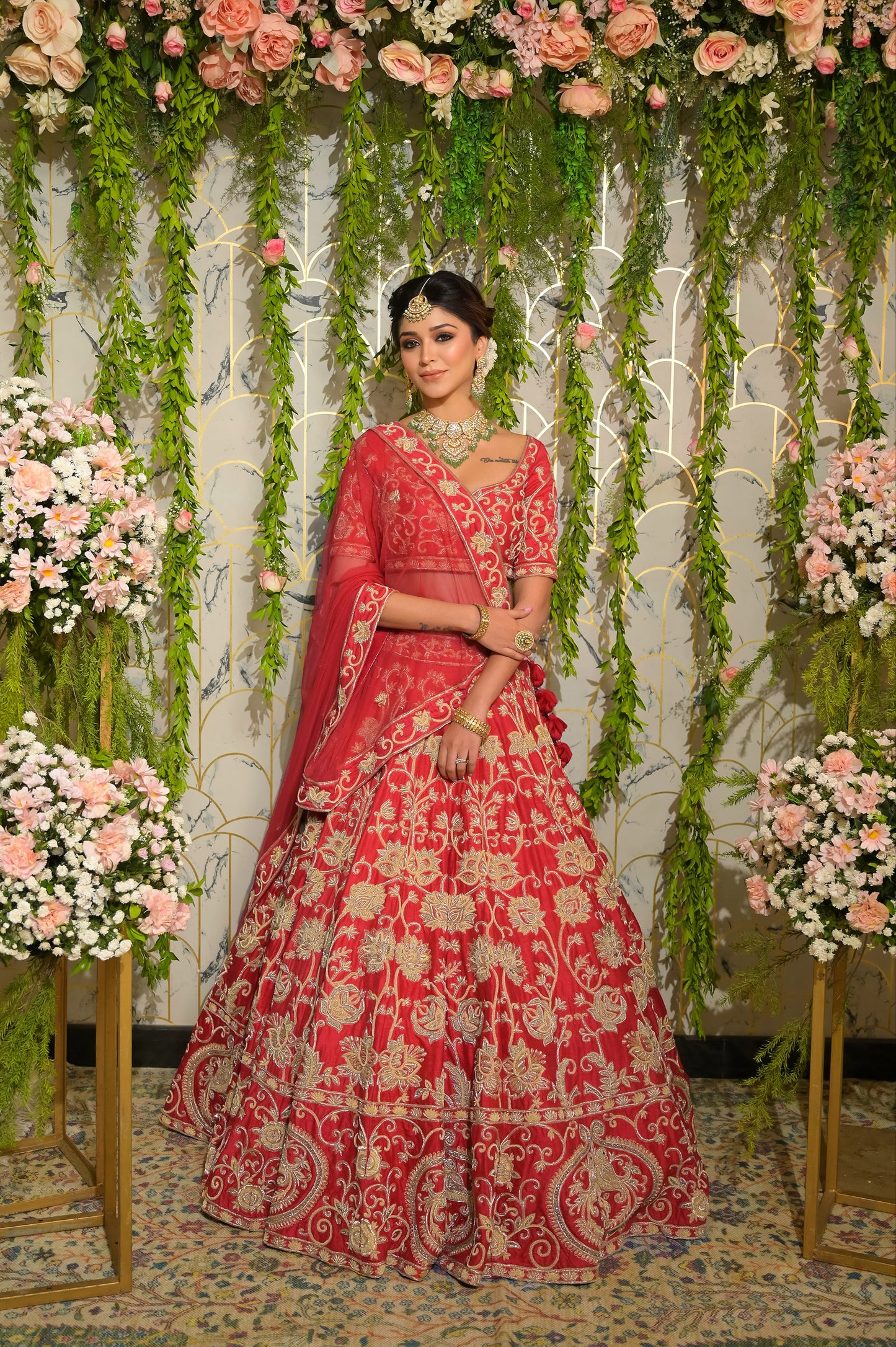 Parakeet Garden Bridal Lehenga Set- Red