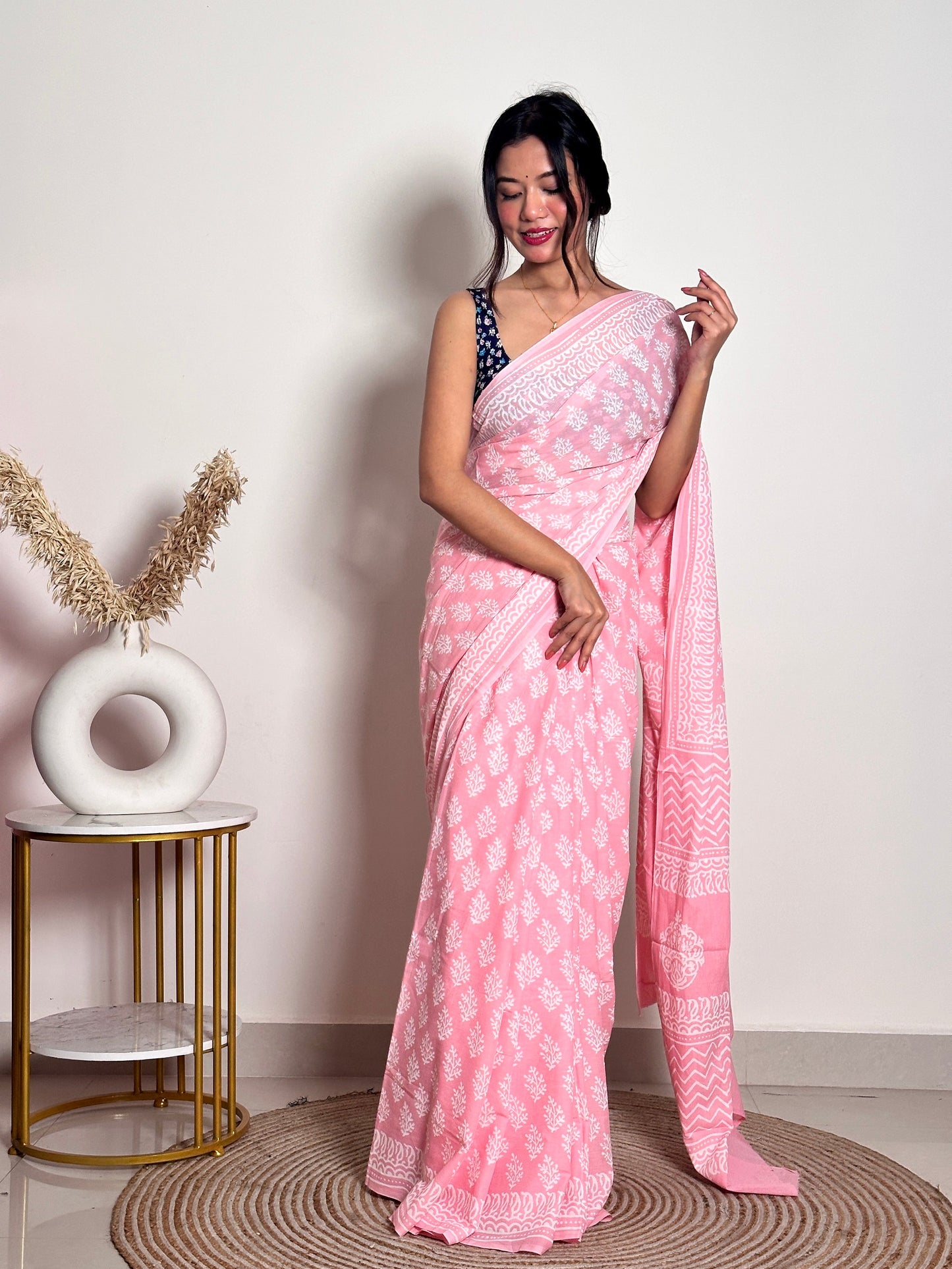Summer Vacation Collection - Peachy Pink- Handblock Print Natural Dyed - Mulmul Cotton Saree