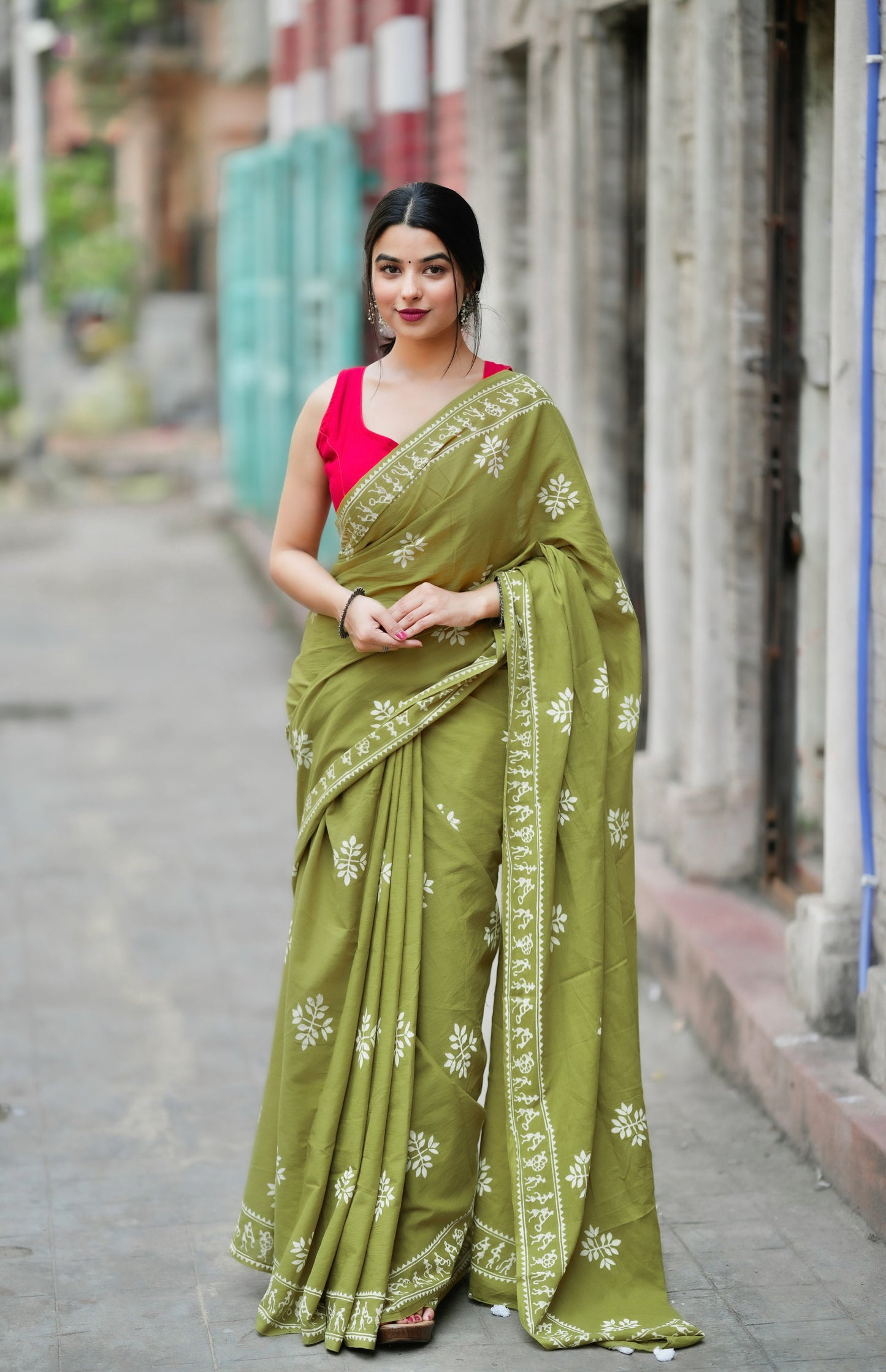 "Fragrance of Heena" - Green Handblock Print Natural Dyed - White Mulmul Cotton Saree