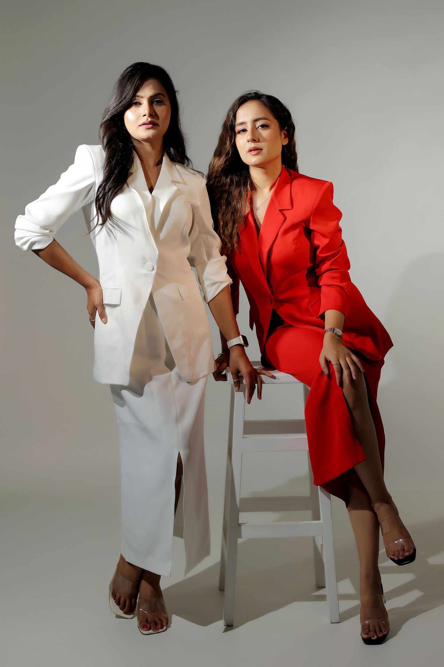 Oversized Blazer Paired With Front Slit Straight Skirt