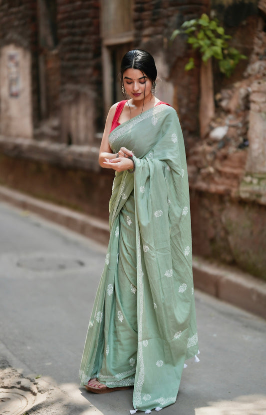 Mint Mojito - Handblock Print Natural Dyed - Green Mulmul Cotton Saree