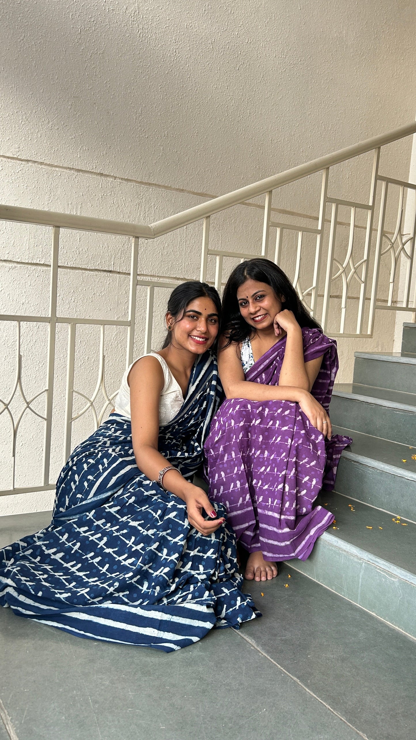 Sonchoraiya Violet - Purple Cotton Mulmul - Handblock Dabu Saree