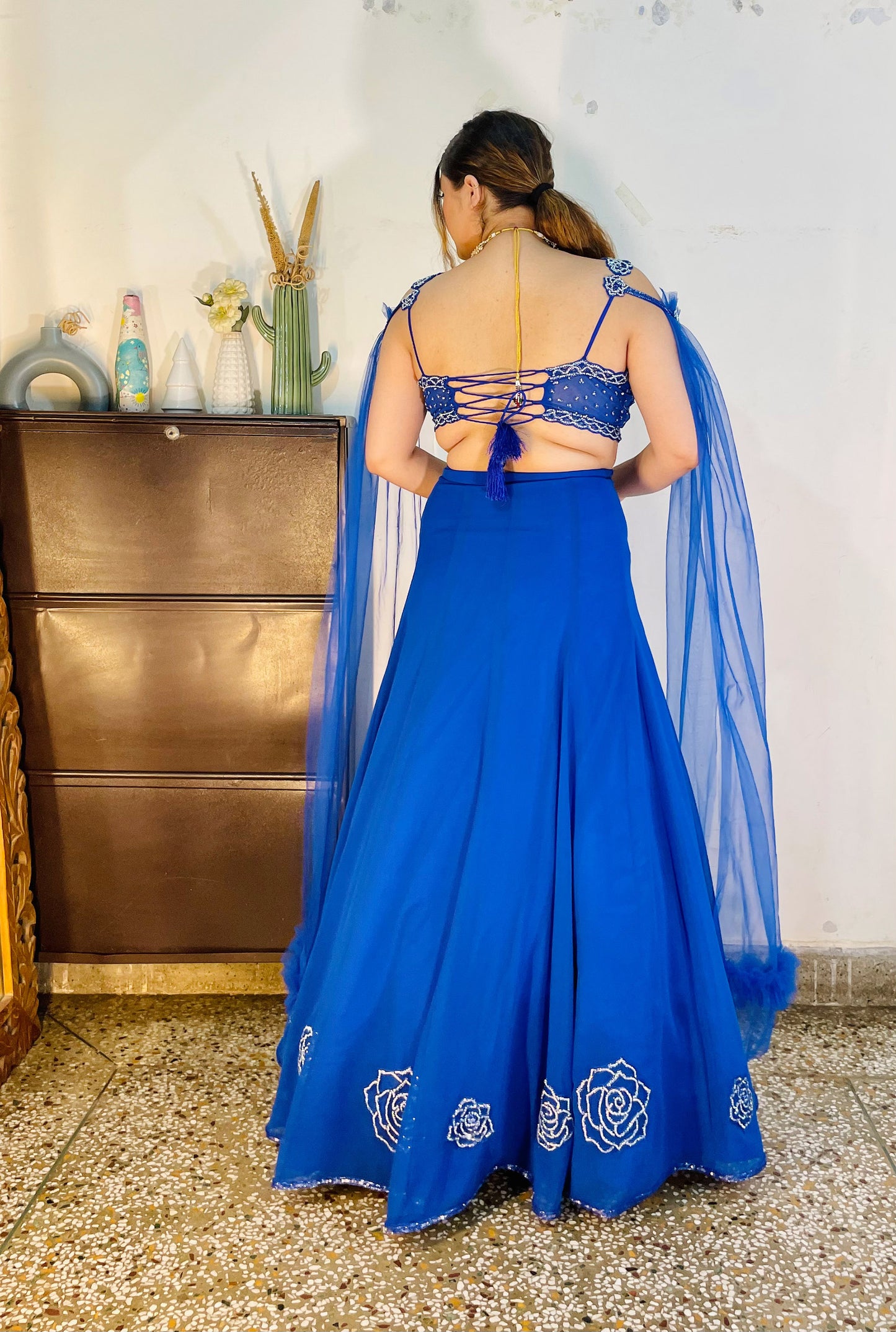 Blue Georgette hand embroidered Cocktail lehenga