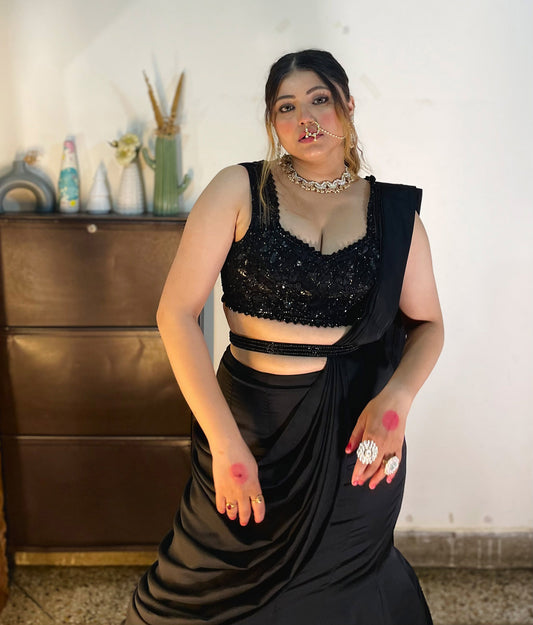 Black French Satin hand embroidered Cocktail Lehenga