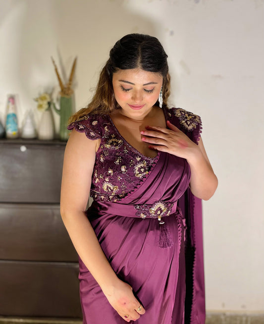 Wine French Satin hand embroidered Cocktail Lehenga saree