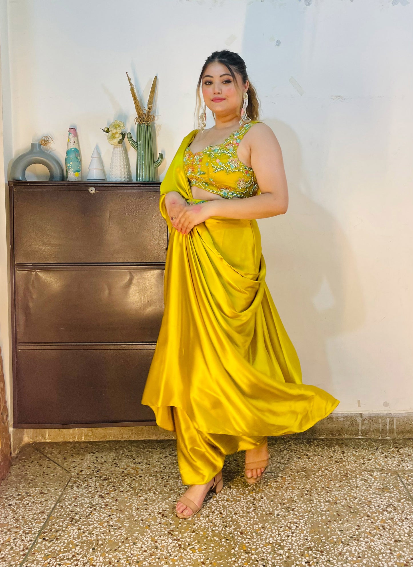 Yellow Satin Haldi Drape Dhoti