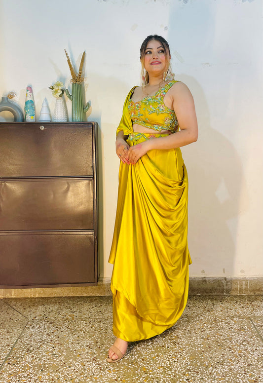 Yellow Satin Haldi Drape Dhoti