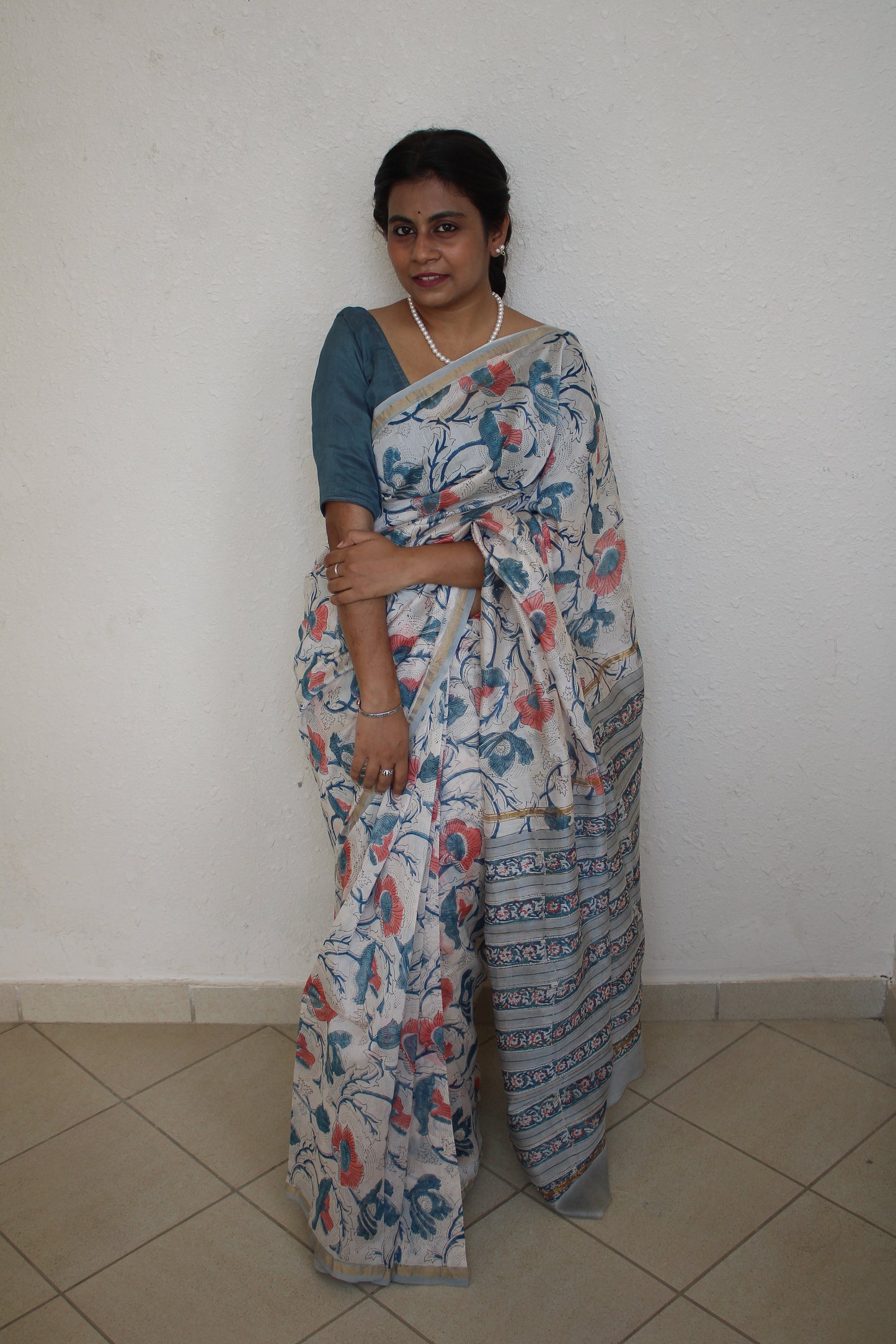 Meghali - White Bagru Natural Dyes Handblock Printed - Chanderi Silk Saree