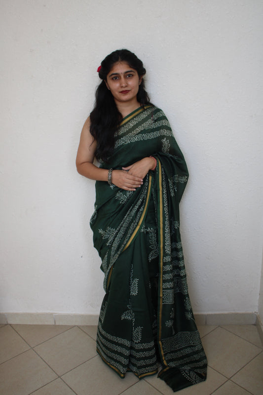 Vaidhai - Bagru Natural Dyes Handblock Printed - Green Chanderi Silk Saree