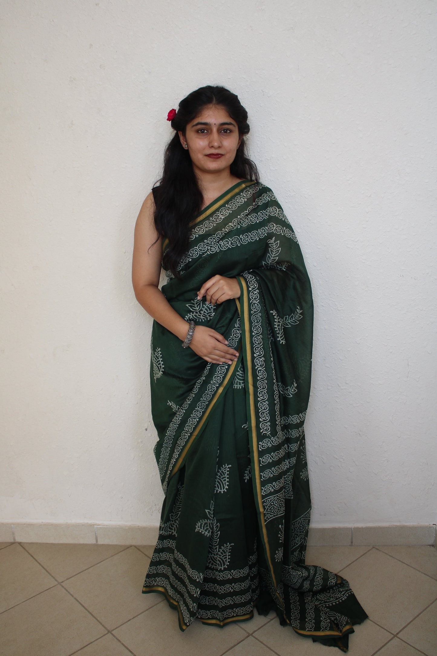 Vaidhai - Bagru Natural Dyes Handblock Printed - Green Chanderi Silk Saree