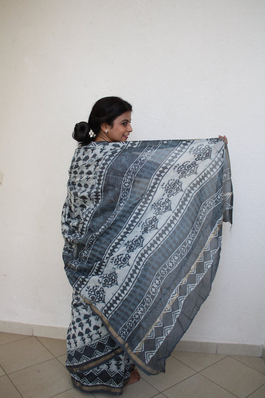 Slaty - Bagru Natural Dyes Handblock Printed - Dark Blue Chanderi Silk Saree