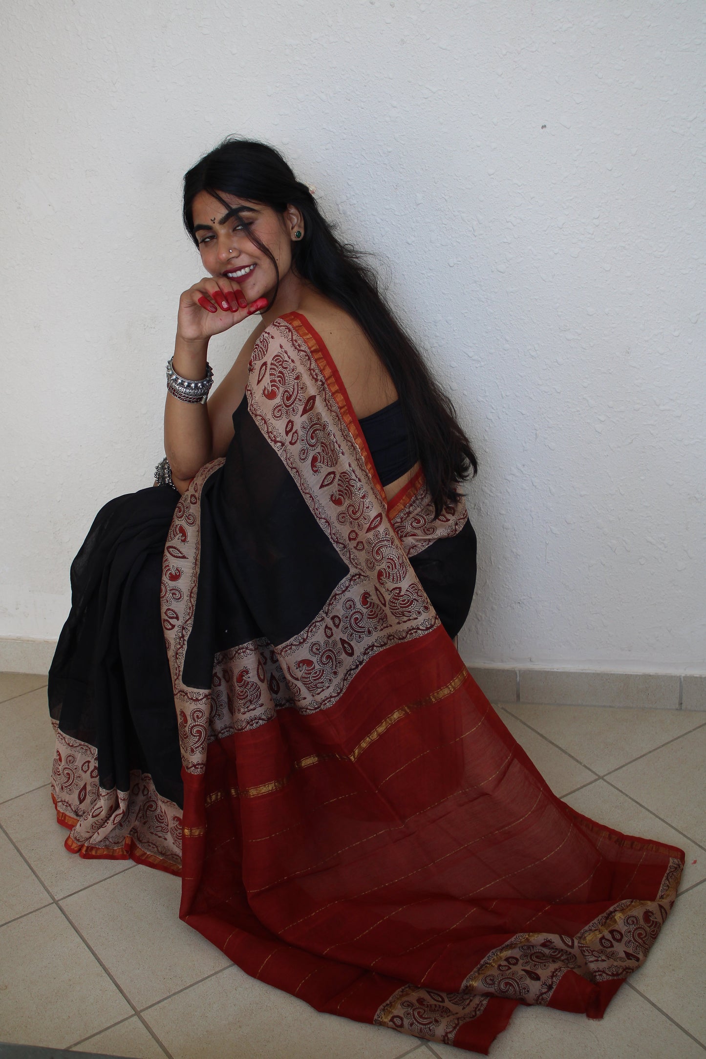 Umrao - Bagru Natural Dyes Handblock Printed - Black Chanderi Silk Saree