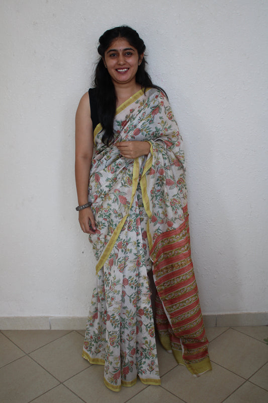 Gauri- White Bagru Natural Dyes Handblock Printed - Chanderi Silk Saree