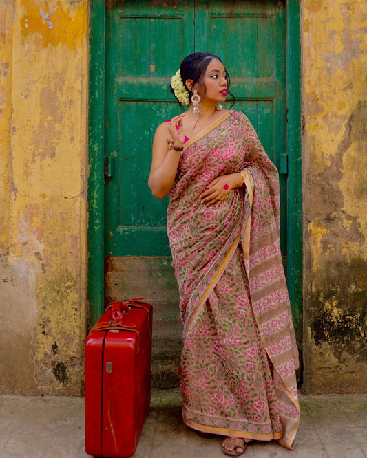 Latika - Pink Bagru Natural Dyes Handblock Printed - Chanderi Silk Saree