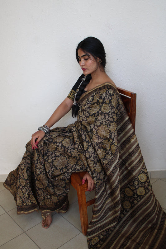 Amya- Black Bagru Natural Dyes Handblock Printed - Chanderi Silk Saree