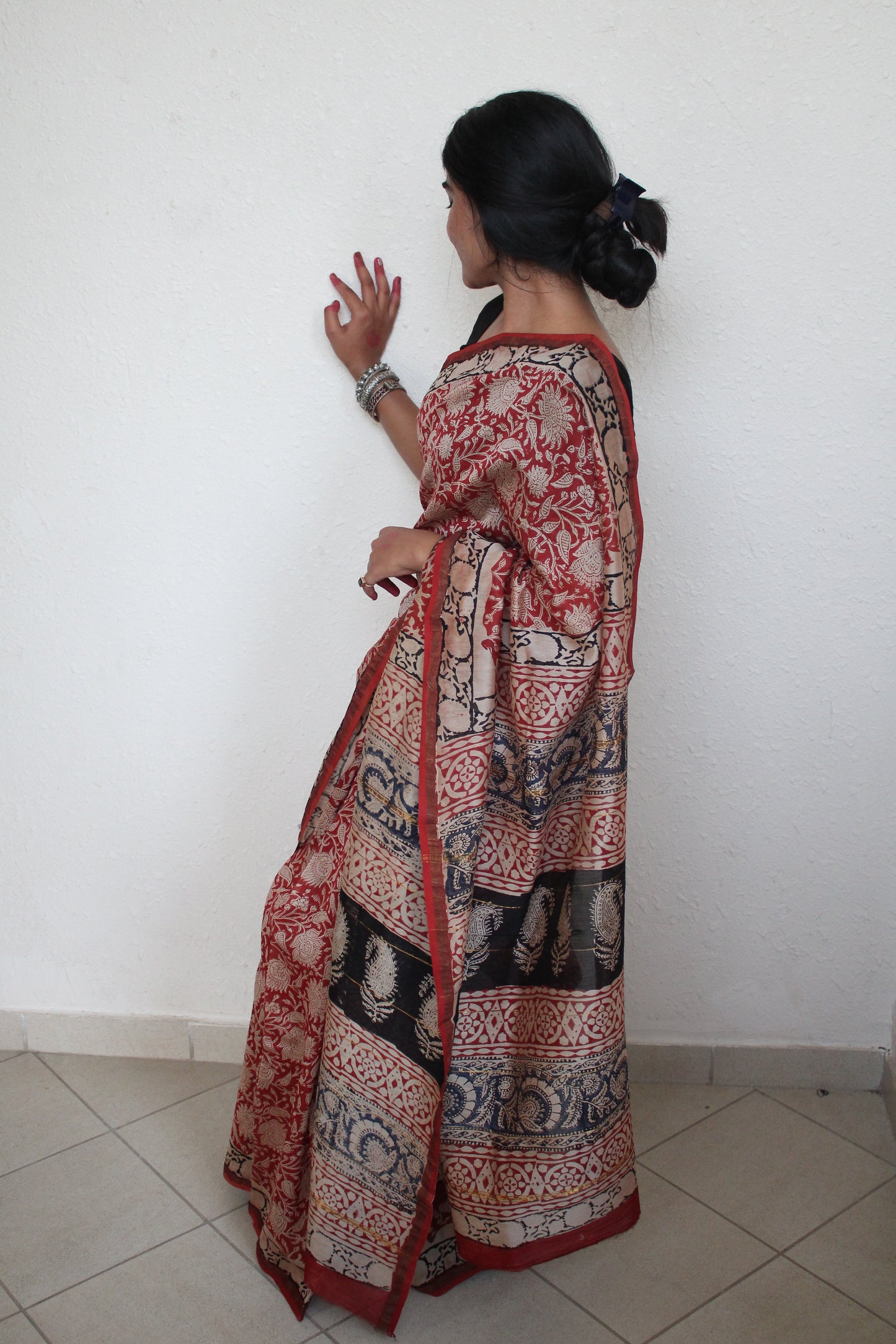 Shreshtha- Bagru Natural Dyes Handblock Printed - Red Chanderi Silk Saree