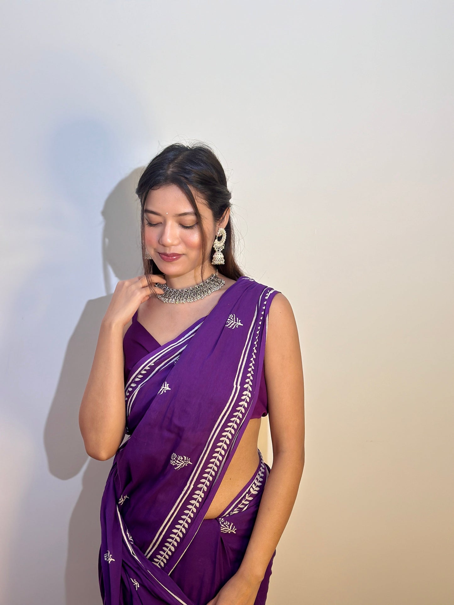 Party Purple - Handblock Print Natural Dyed - Mulmul Cotton Saree