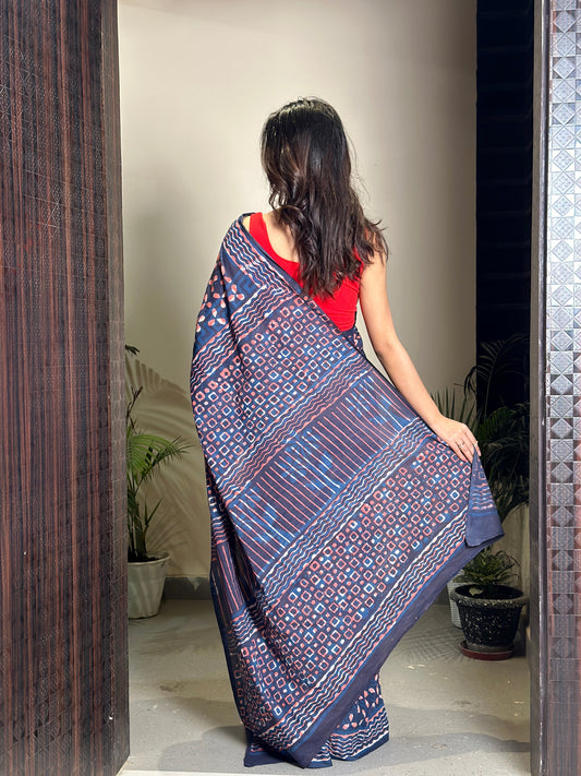Dhalti Raat ( Stary Night In Dessert) - Blue Bagru Natural Dyes Handblock Printed - Cotton Mulmul Saree