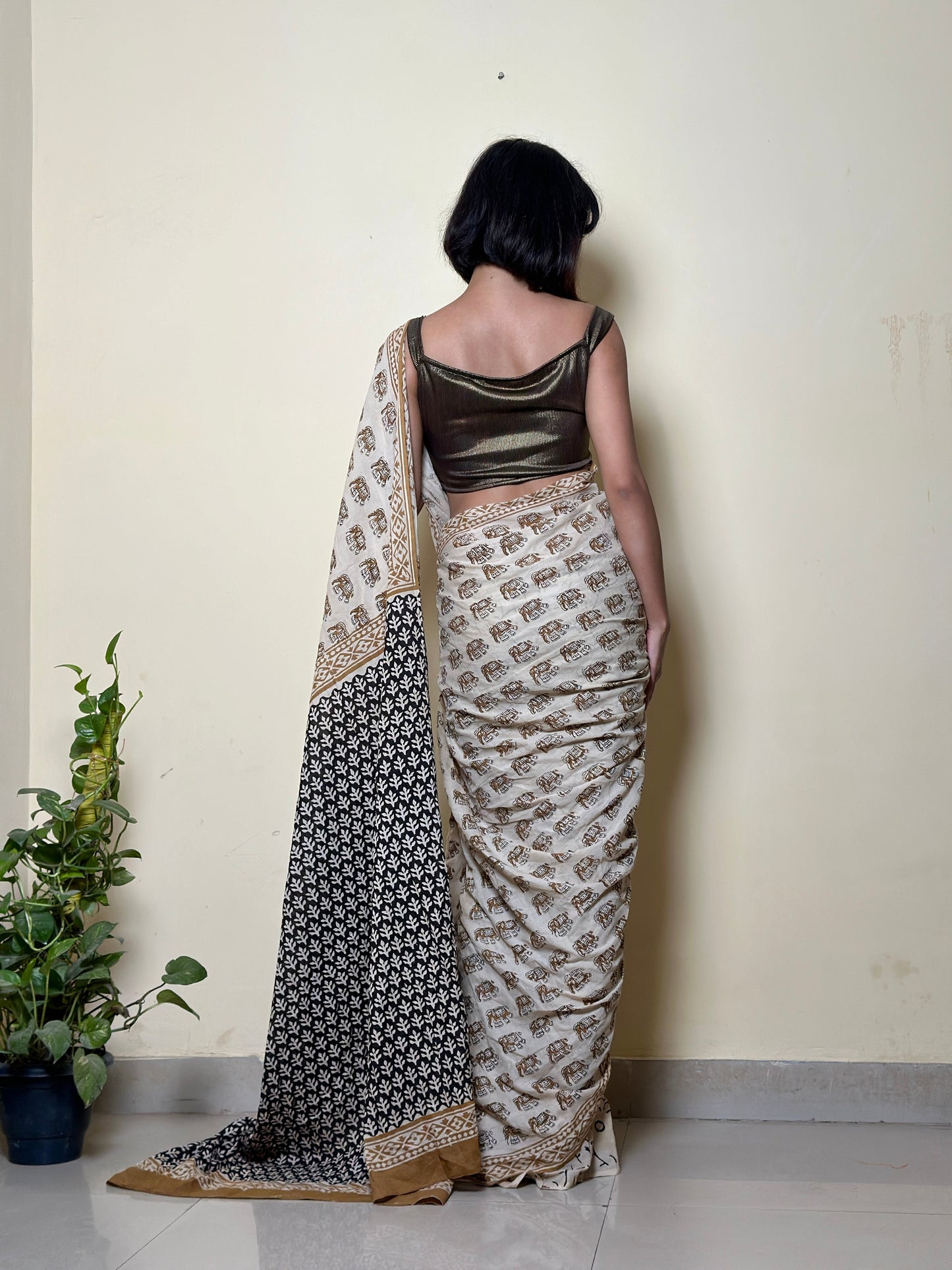 White Caramel Chic Hand block Print Natural Dyed Mul mul Cotton Saree