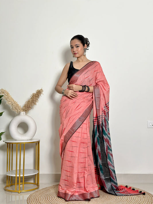 Coral And Grey Ikat Natural Dyed - HandCrafted - Soft Linen Saree