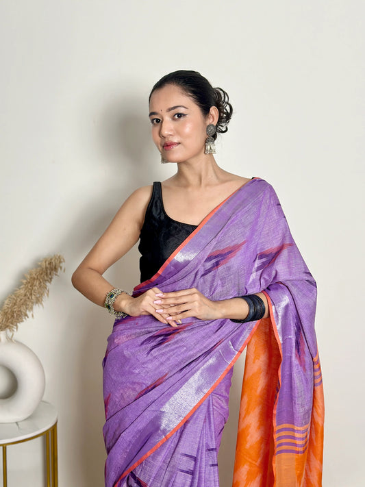 Lavender and Orange Ikat Natural Dyed - HandCrafted - Soft Linen Saree