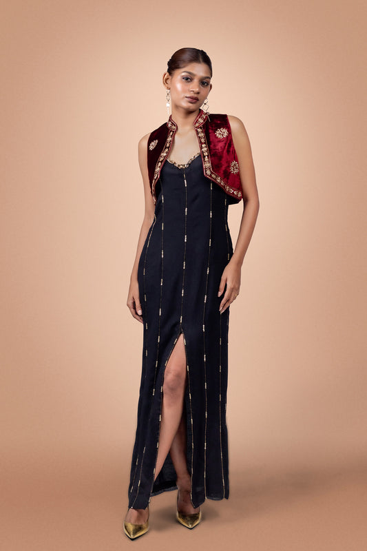 Haute Bohemian Black & Maroon Crystals, Sequins Work Chiffon Halter Dress & Crop Jacket