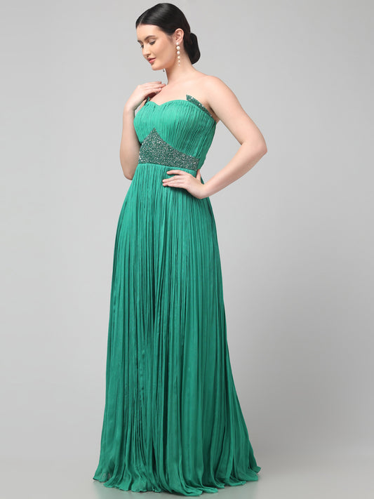 Off-shoulder Emerald Green Pure Chinnon Party Wear Pleated Gown
