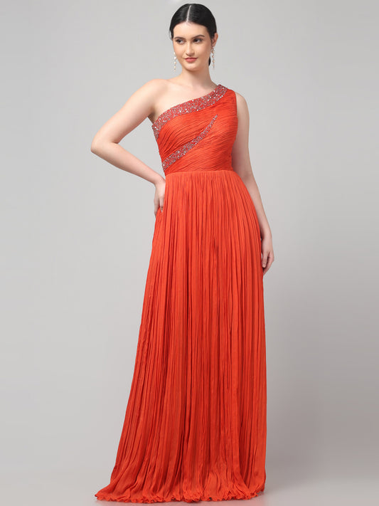 Orange One-Shoulder Pure Chinnon Party Wear Pleated Gown