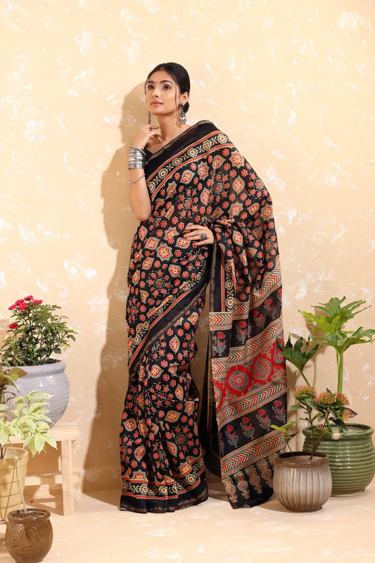 Handloom Black & Red Block Print Chanderi Cotton Saree