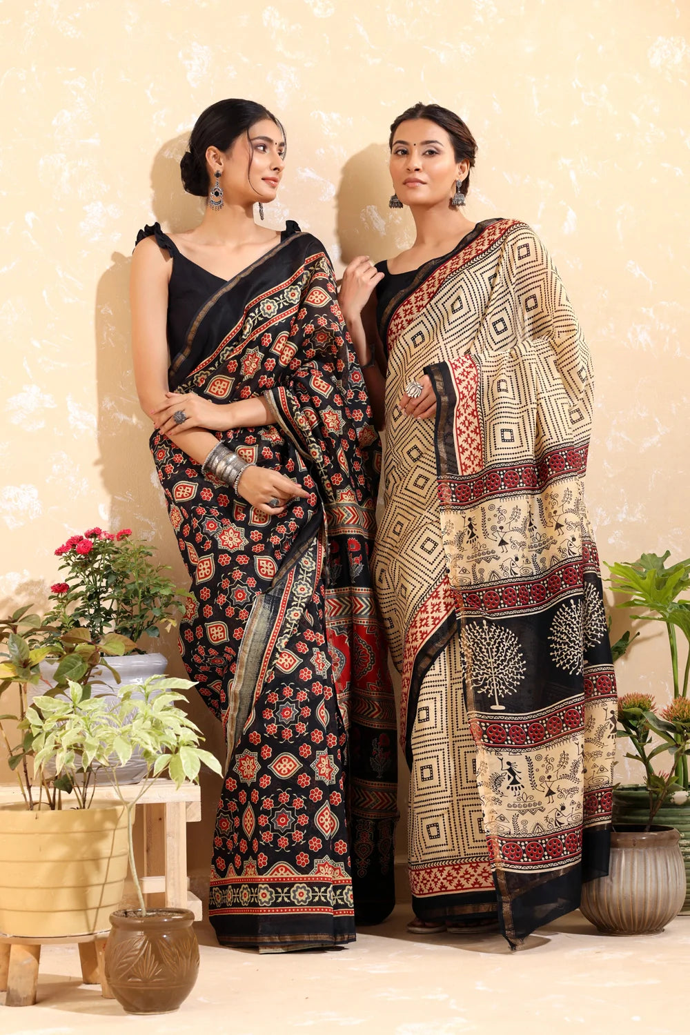 Handloom Black & Red Block Print Chanderi Cotton Saree