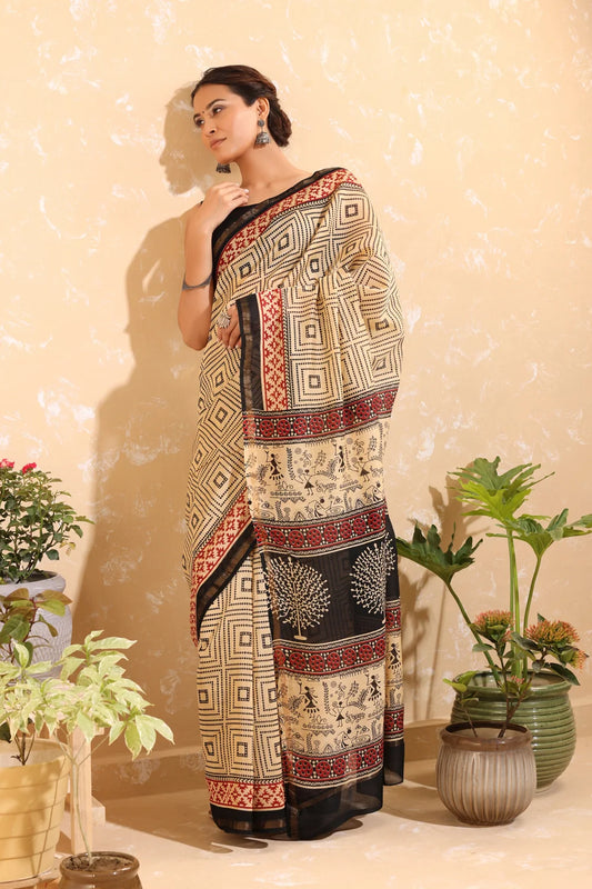 Handloom Tan Brown Block Print Chanderi Cotton Saree