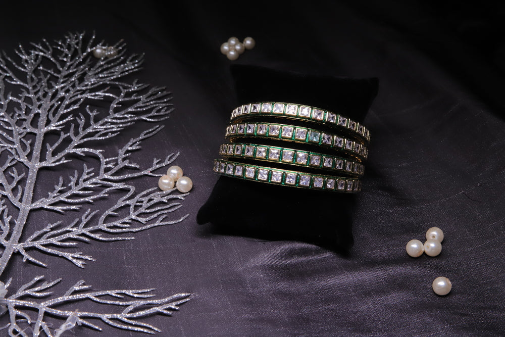 Green Kundan Bangles, Set of 4
