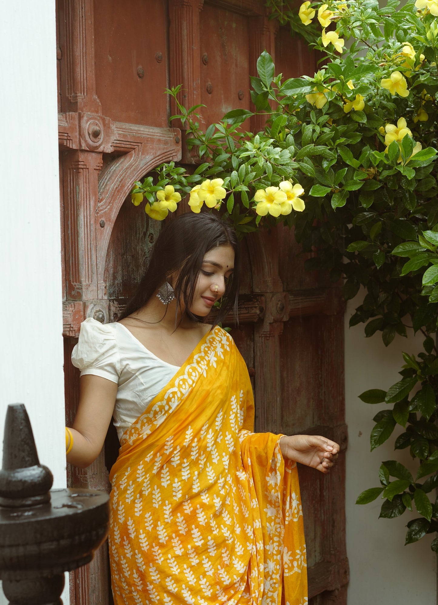 Summer Vacation Collection - Ammiya - Handblock Print Natural Dyed - Yellow Mulmul Cotton Saree