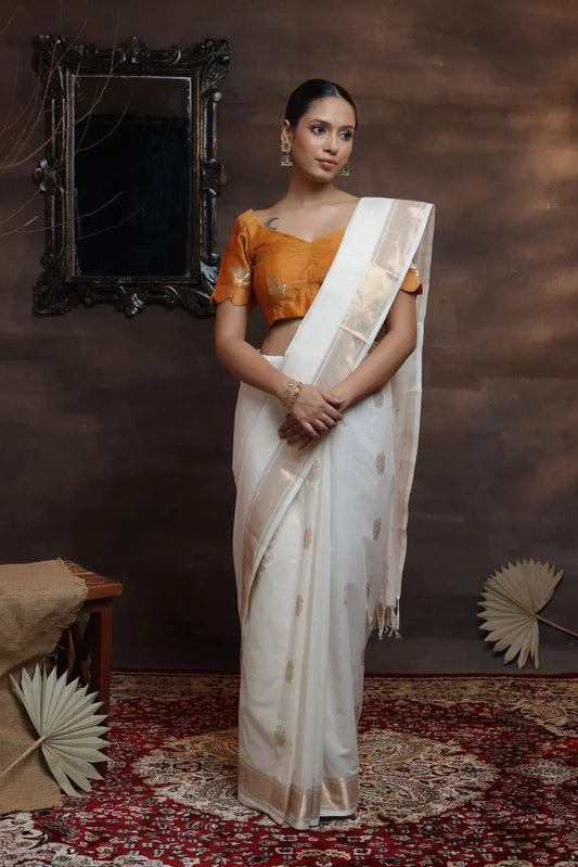 Off White Handloom Pure Cotton Kasavu Saree With Gold Zari Border & Motifs