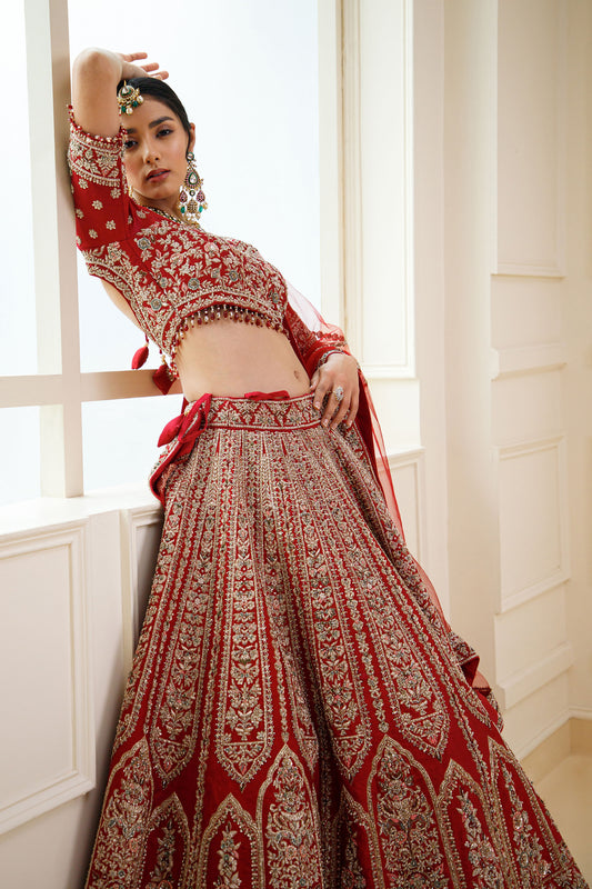 Red Zardozi Embroidery Raw Silk Bridal Lehenga
