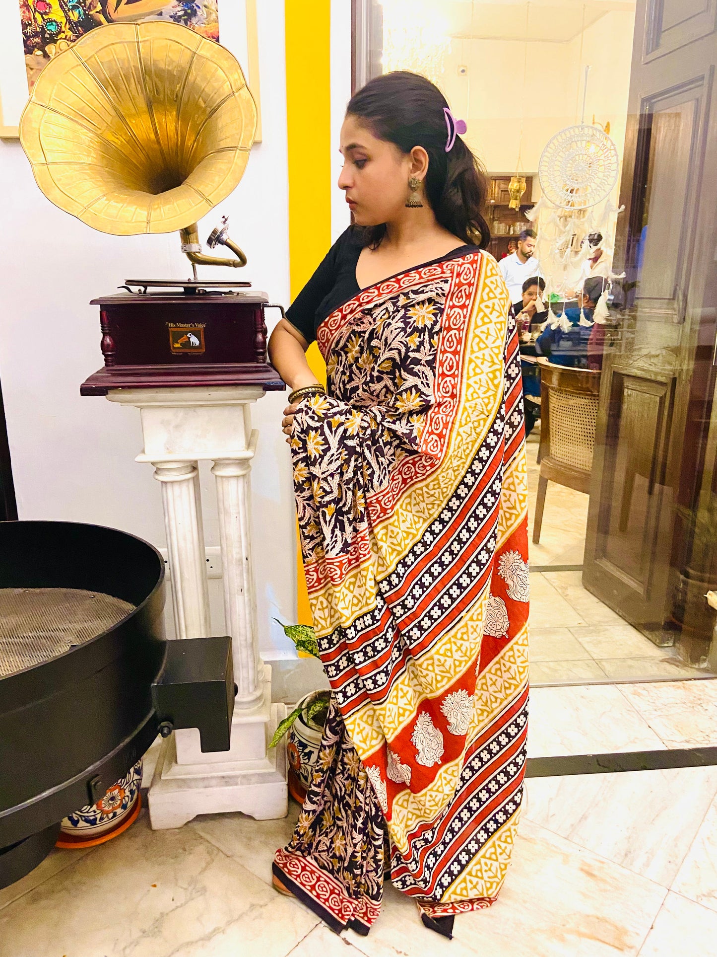 Kalbeliya - Black Bagru Natural Dyes Handblock Printed - Cotton Mulmul Saree