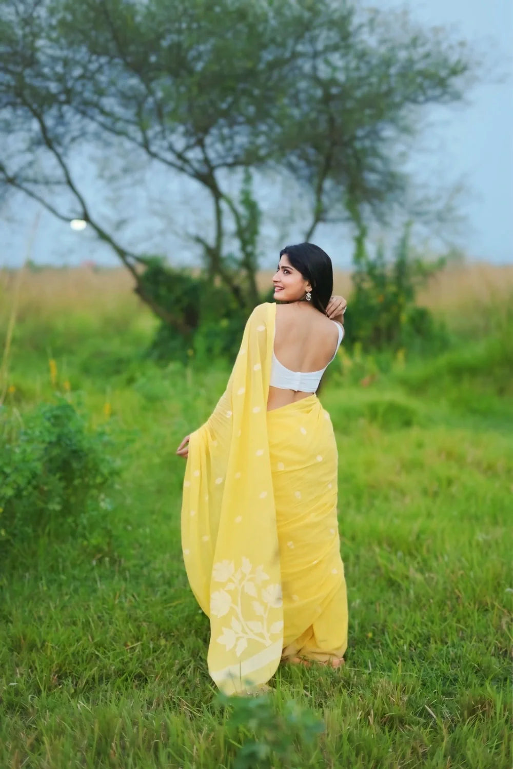 Handloom Lemon Yellow Pure Cotton Jamdani Saree with White Motifs