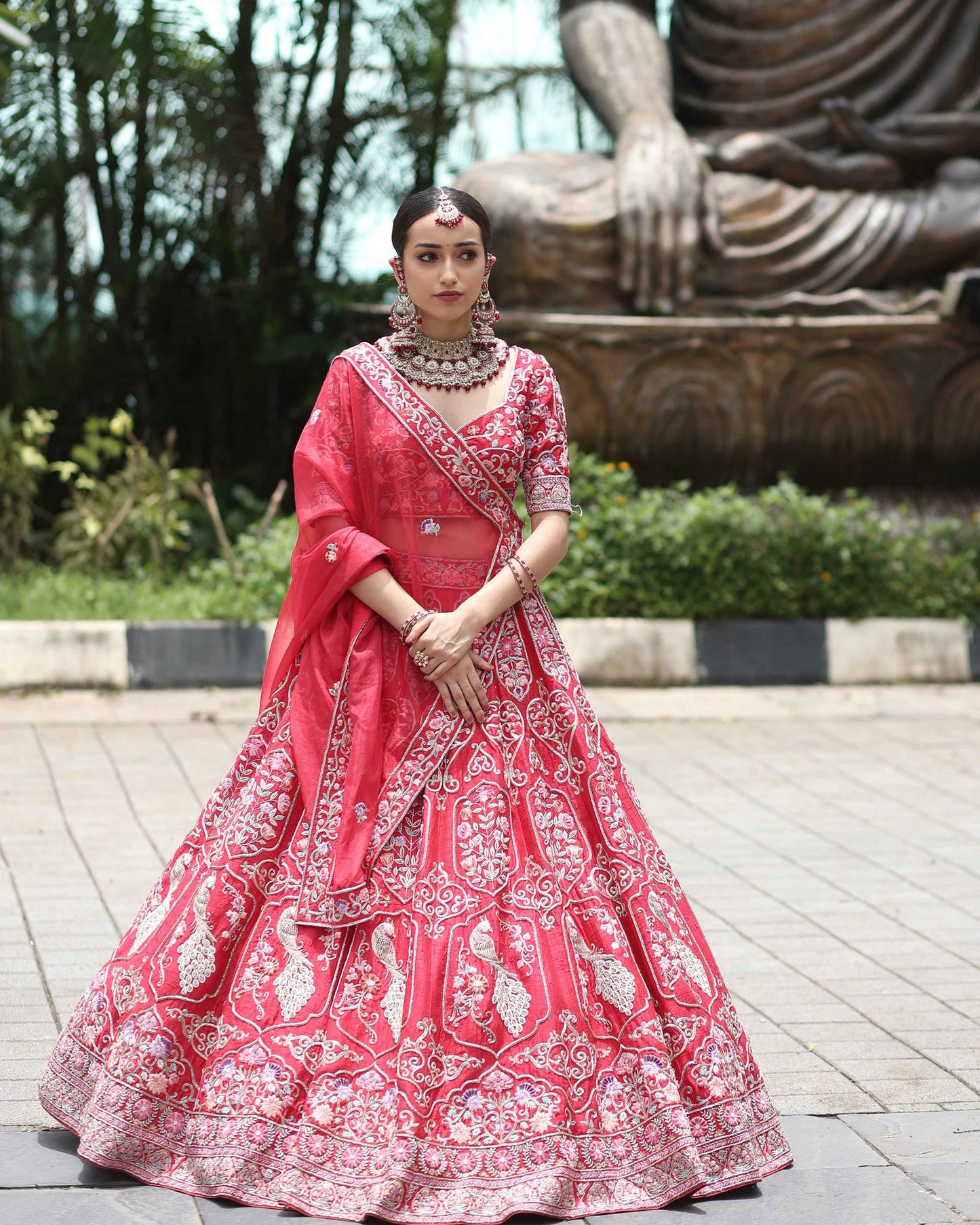 Peacock Garden Lehenga Set- Red