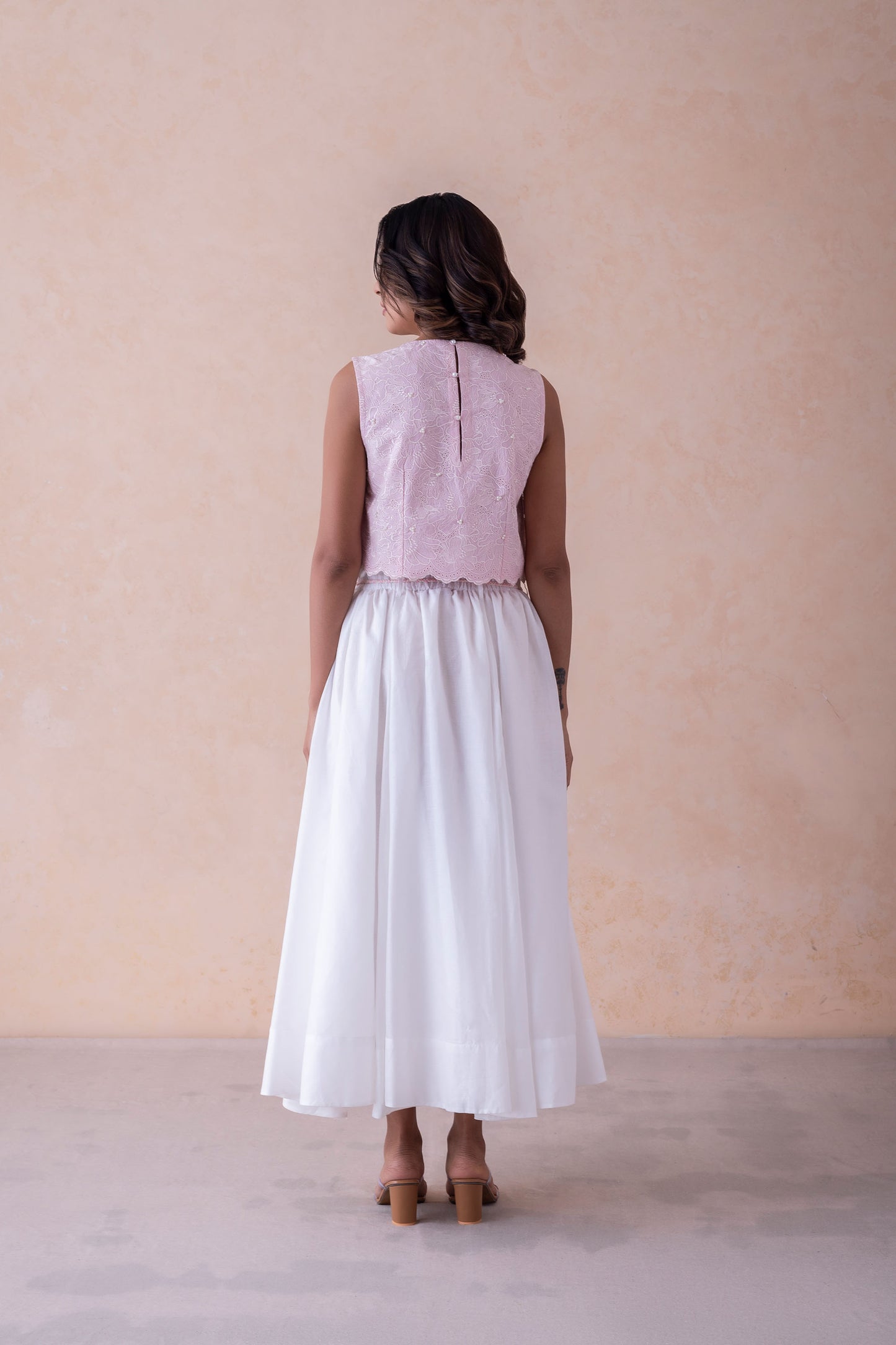 Misha Blush Schiffli Cropped Top & White Flared Skirt with Hand-Braided Belt