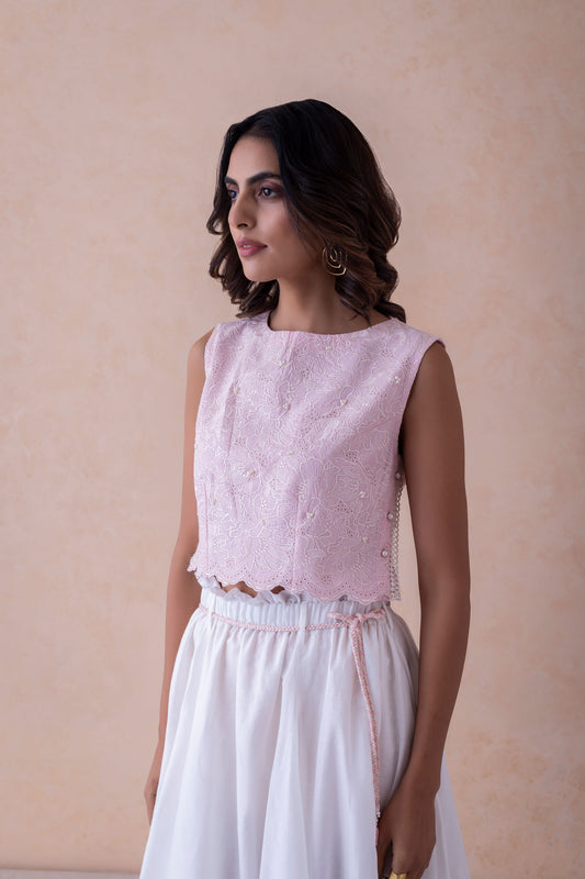 Misha Blush Schiffli Cropped Top & White Flared Skirt with Hand-Braided Belt