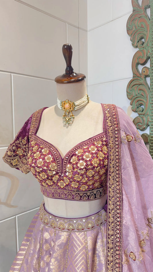 Lavender Zari Woven Tissue Bridesmaid Lehenga