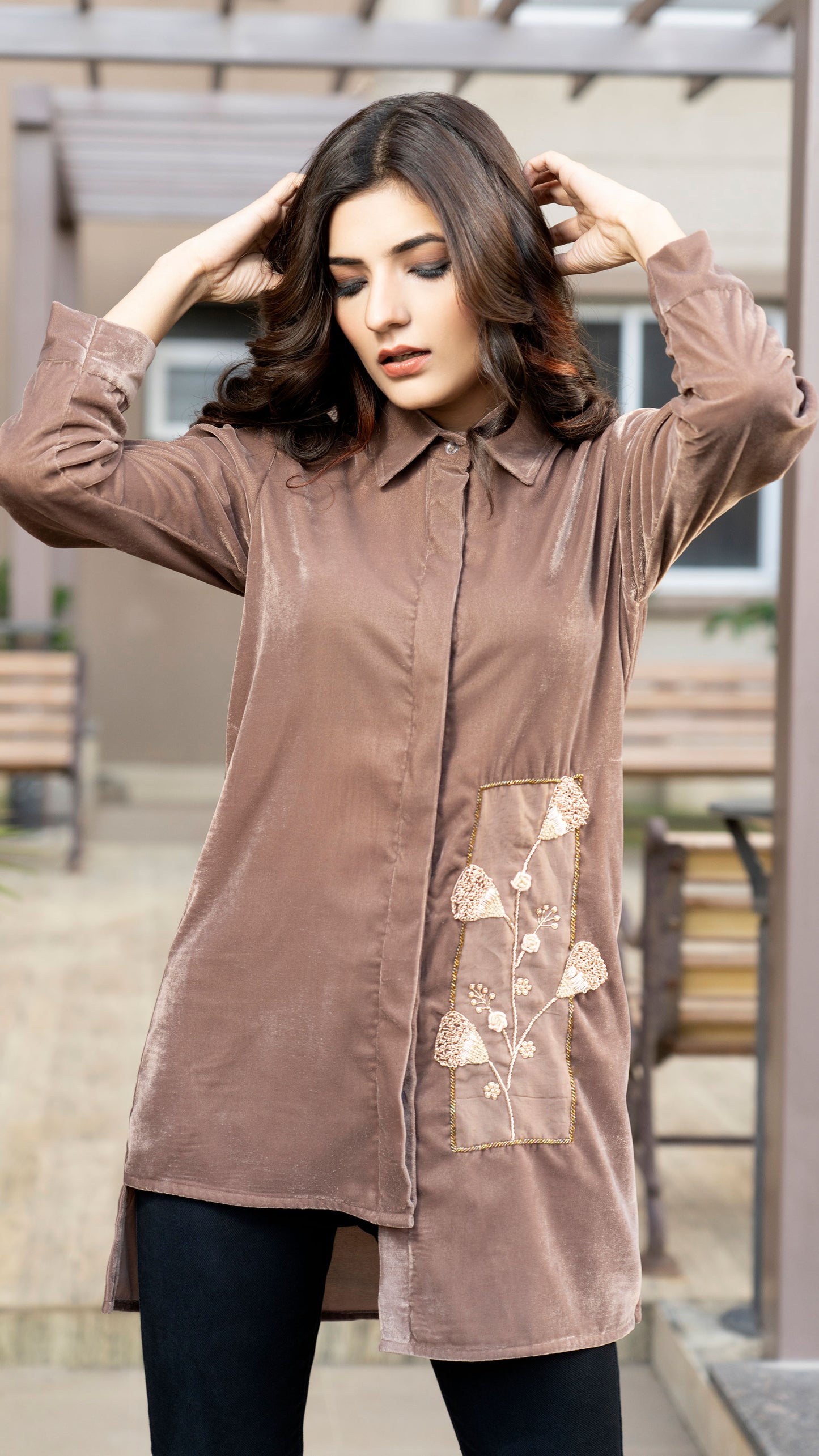 Beige Velvet Shirt With Embroidered Embellishment