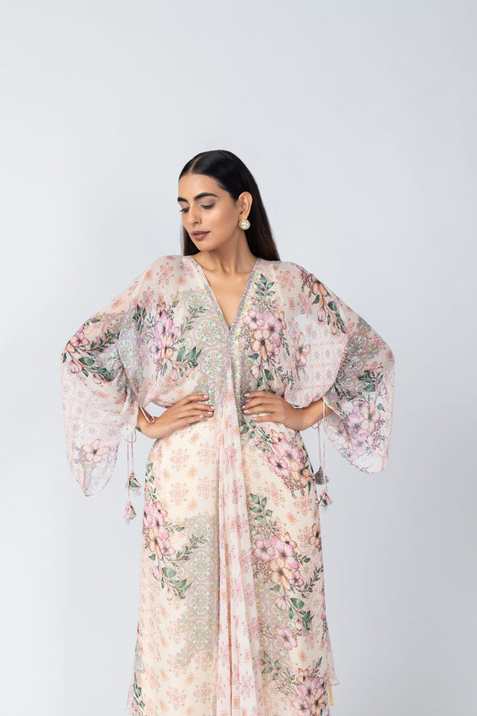 Tabu V Neck Floral Kaftan Ensemble with Pants