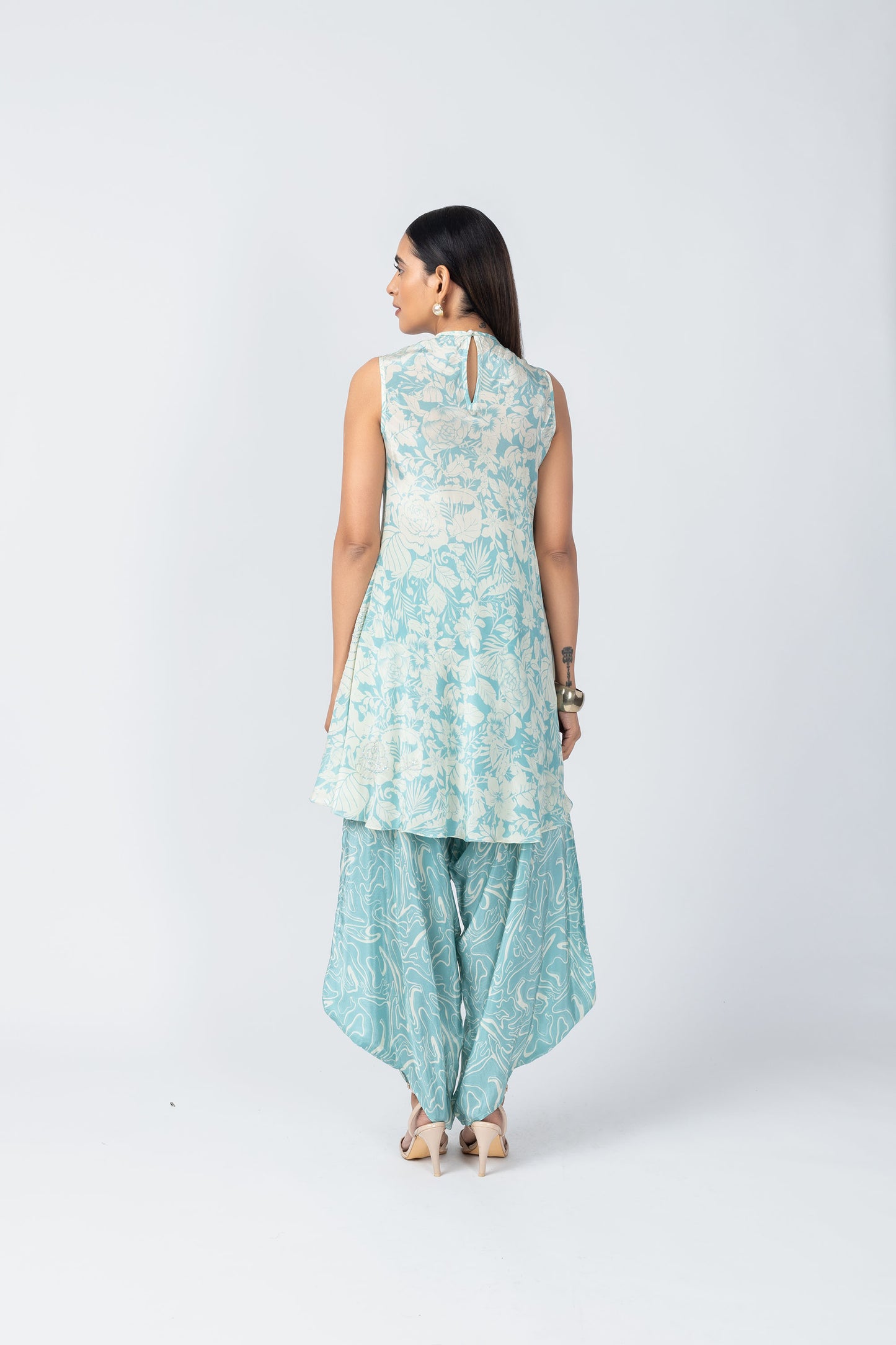 Indus Ice-Blue Floral Kurta Tunic & Textured Crepe Dhoti
