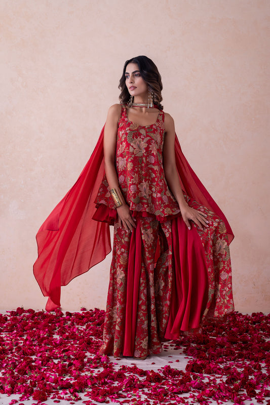 Amina Printed Crimson Red Multi-Layered Silk Sharara Set Featuring a Choker-Style Dupatta