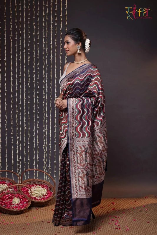 Handloom Navy Blue Tanchoi Silk Banarasi Saree